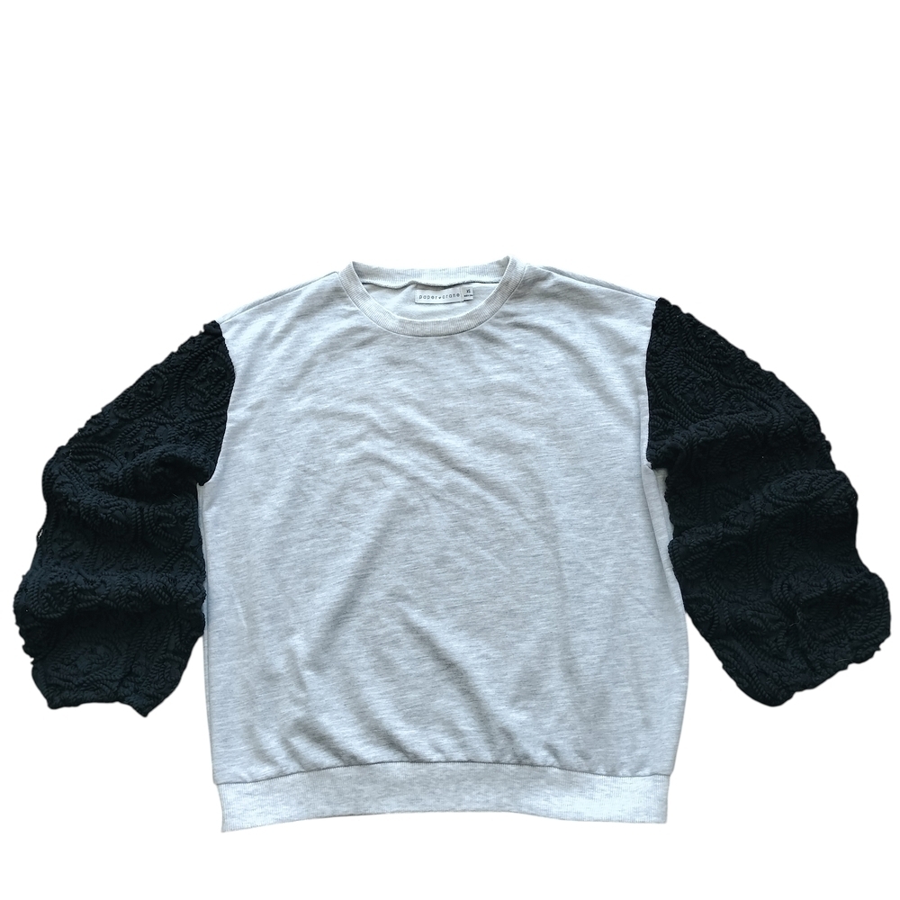 Paper Crane Gray Top with Black Lace Sleeves